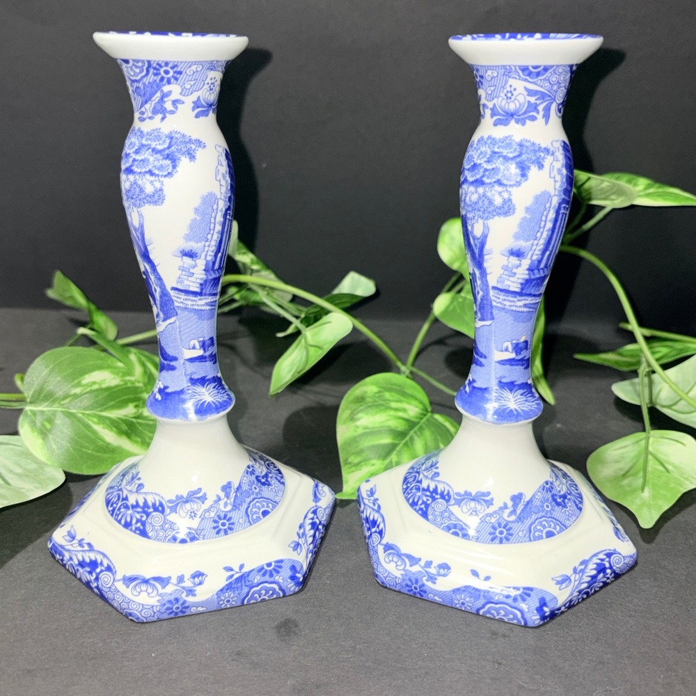 Spode Blue Italian Candlesticks Pair Made in England Hexagonal Base 7" Set 2